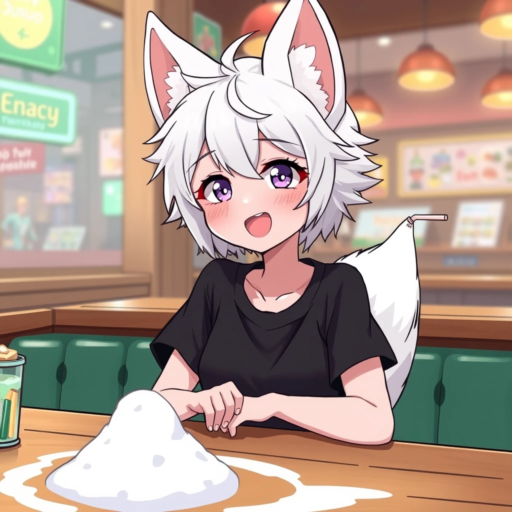 Cute teen anime girl with fluffy fennec ears and a fluffy tail, white messy short hair, purple eyes wearing a black t-shirt, sitting at the table in a bar. On the table is a tiny mountain of snow. The girl looks at the snow with a big crazy smile and has a straw without a kink in her right hand.