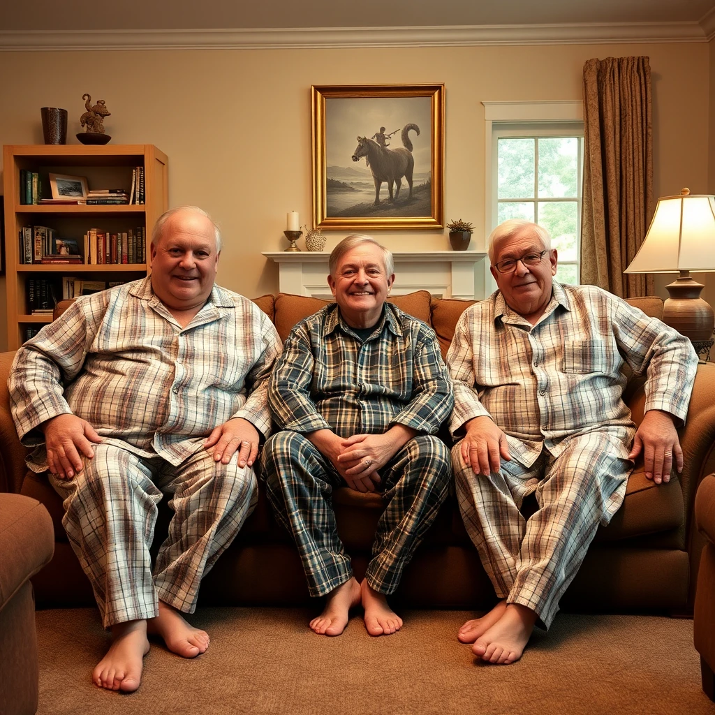 3 larger older men aged 80 in the living room wearing pajamas, 3 other men aged 25 sit between their legs.