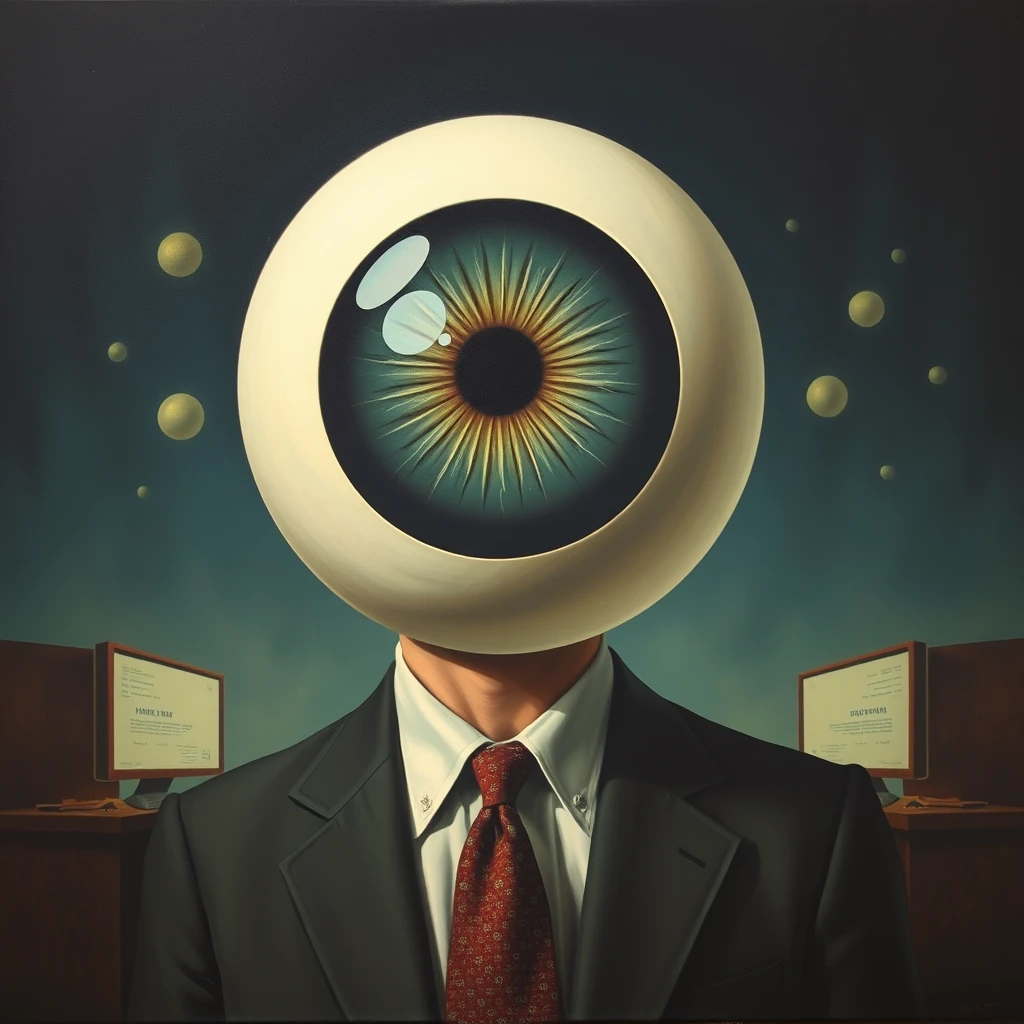 oil on canvas, surrealism, a man with a single giant eyeball instead of a head wearing a suit, standing in a surreal bureaucratic dada nightmare