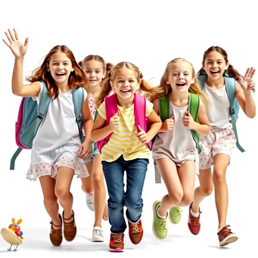 Create a photo of a group of 14-year-old girls wearing summer clothes, joyfully running towards the camera because the holidays are starting. They are carrying school backpacks and cheering. The background is white. The children are fully visible.