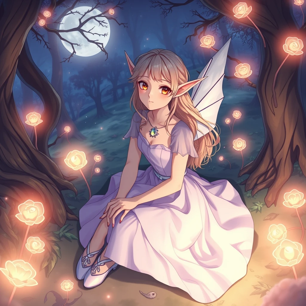 Wide shot from above sitting, between the legs, arm at side, head tilt, enchanting elf with long pointed ears, young anime woman, slender build, high elf, fair skin, golden eyes, wavy hair, wearing a soft lavender luxurious elven dress, satin ballet shoes with ethereal motifs, elven ear cuffs, moonstone ring, silver eyeliner, leaf-shaped brooch, set in an otherworldly enchanted forest with glowing plants, magical creatures, and an enchanting ambiance, in the moonlight, anime style.