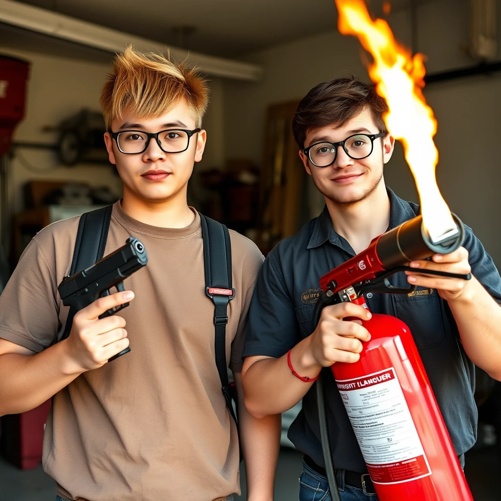 21-year-old white Chinese man wearing square glasses and a fringe mullet, holding a pistol; 21-year-old white Italian man wearing round glasses and short hair, holding a very large fire extinguisher flamethrower in a garage setting.