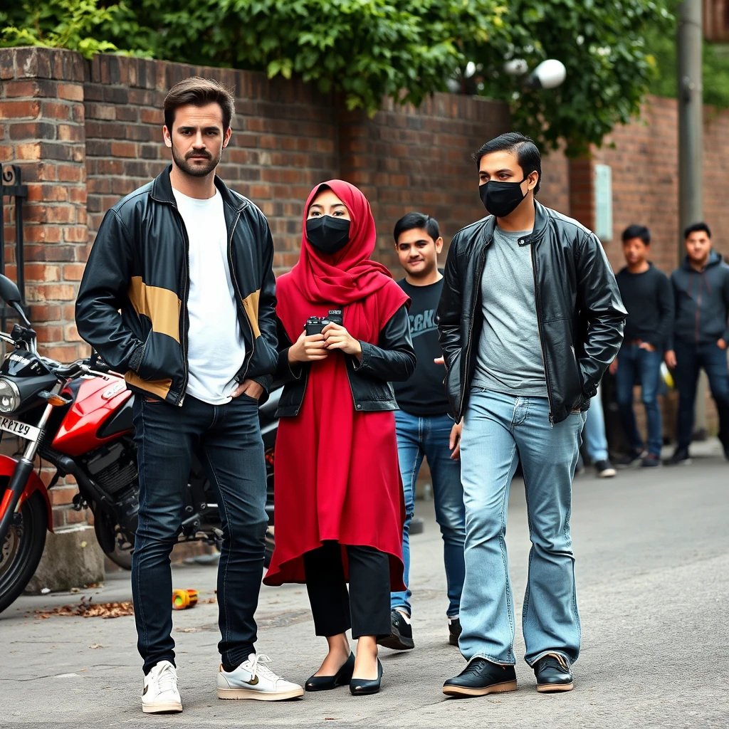 Jamie Dornan and Freddie Prinze, head and body shot, handsome, young, serious face, dark brown hair, white T-shirt, collage jacket, skinny jeans, sneakers, standing, discussing with two guys and a short, slim Muslim girl in a red hijab, beautiful eyes, black face mask, black leather jacket, grey long T-shirt, bell-bottom jeans, holding a Canon DSLR camera, near a town road, superbike, hyper-realistic, street photography, brick wall, full-body photo, five other randomly smiling friends in the background. - Image