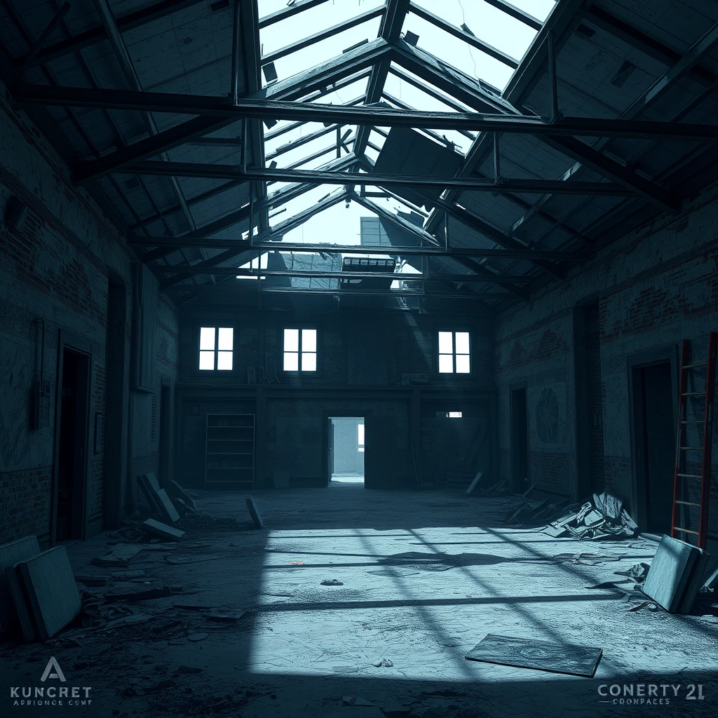 Apocalyptic Scene, Abandoned Building, Interior, Broken Roof, Concept Design, Game Design, 16:9