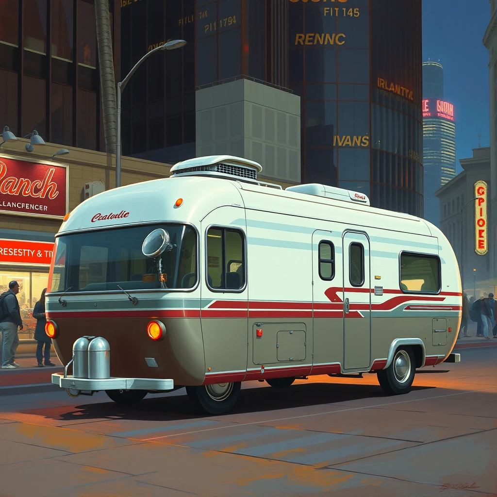 3/4 view, a retro-futuristic RV concept in a city setting, a painting by Syd Mead, 4k, detailed. - Image