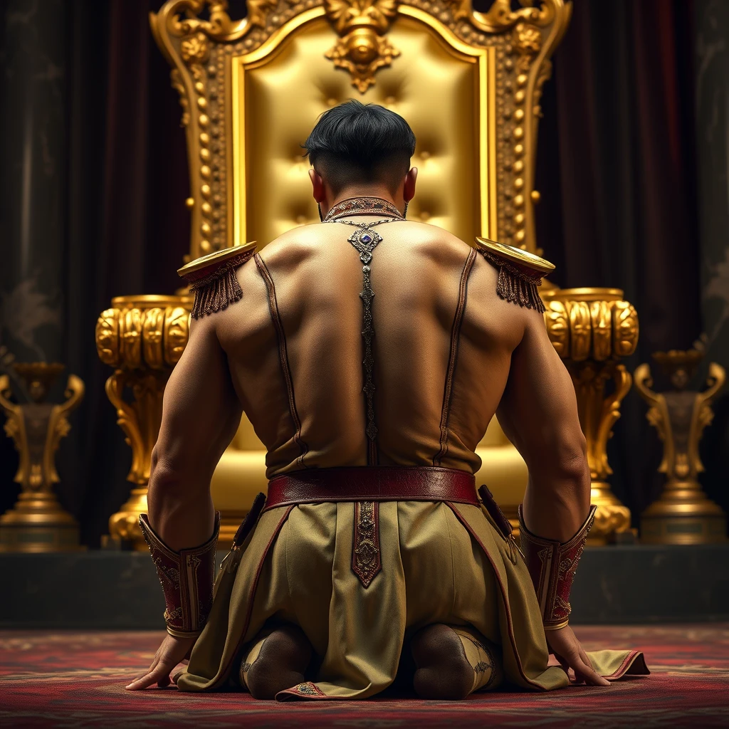 Main Character: A handsome and muscular king in an elaborate, bejeweled military uniform of the late European era. His broad shoulders and powerful build are evident even in his posture of utter submission. He is on his hands and knees, his head bowed to the floor, his body trembling slightly. His back is to the viewer, the rich fabrics and intricate details of his uniform catching the light.  
Background: A massive golden throne, towering over the king. It's ornate and imposing, gleaming under the light source, hinting at immense power and authority. The throne room itself is suggested in the background, perhaps with hints of marble pillars or dark, heavy tapestries.  
Supporting Characters: None  
Visual Style: Photorealistic, aiming for the dramatic lighting and sharp detail of professional movie stills. The focus is on the contrast between the opulence of the throne and the king's humbling posture. The lighting should highlight the textures of the gold, the fabrics of the uniform, and the muscles of the king's back. The overall mood is one of tension, power, and submission.  