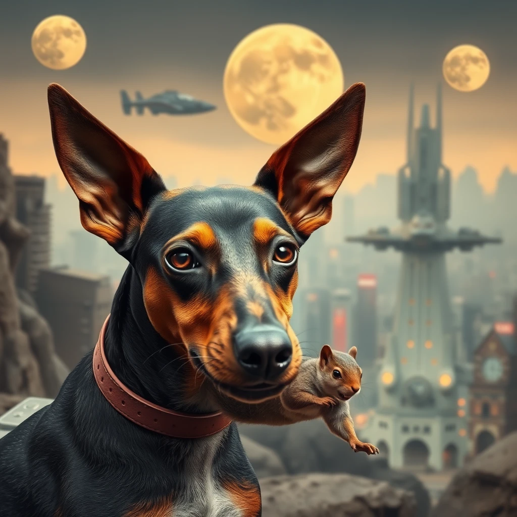 A cyborg German Pinscher with non-cropped ears in a dystopian sci-fi setting. Eating a squirrel. Mega city, flying cars, multiple moons, photo realistic.