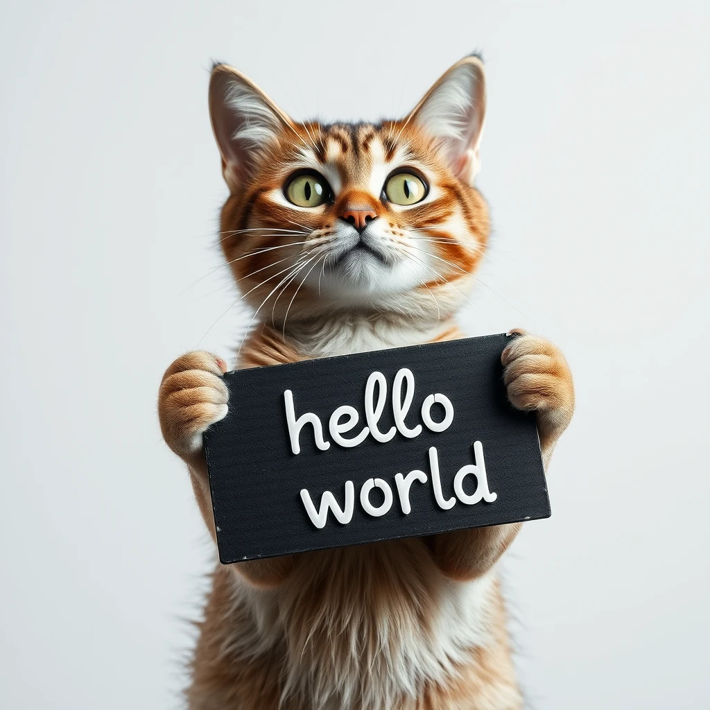 

a cat holding a sign that says hello world - Image