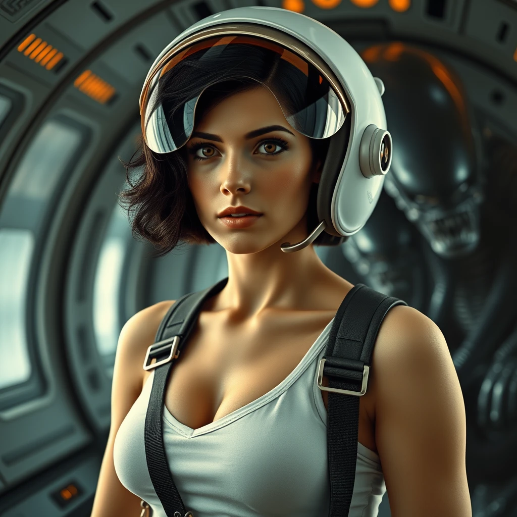 Early Renaissance portrait painting by Sandro Botticelli and Donatello. 27-years-old Ellen Ripley from the movie Alien, cropped short dark wavy hair, white tank top. Wearing 1950s vintage black spacesuit cadet uniform with steampunk accessories inside a futuristic spaceship. Gorgeous, giddy heroine, white space helmet with glowing orange translucent glass visor and goggles, deep v-neck, woman, journey to space, tense, whiplash curves. Dynamic pose, hyperdetailed, hyperrealistic. In the style of 1980s American sci-fi Space Agency movie poster. Volumetric lighting. Dark gothic and moody thriller horror Xenomorph Alien in the background.