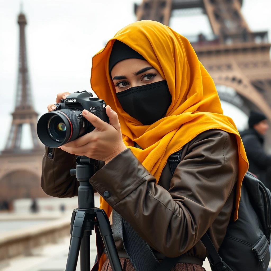 Biggest hijab yellow Muslim girl, beautiful eyes, face mask black, army leather jacket, biggest skirt, camera dslr canon, tripod, taking photos at Eiffel Tower, hyper realistic, street photography. - Image