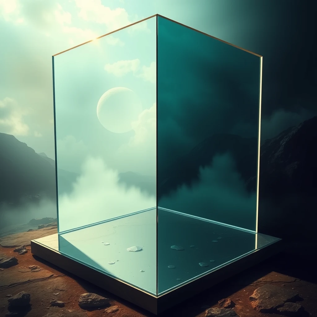 The image content depicts a huge transparent mirror, divided into two worlds: one side is a world of light, and the other side is a world of darkness.