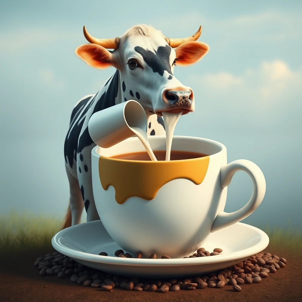 a cow, pouring milk from a pitcher into a giant coffee cup - Image