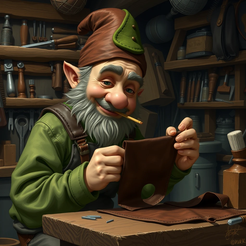 A dwarf with leather overalls and a green fez sewing two dark brown pieces of leather together in a dingy shop filled with tools while chewing on a toothpick. - Image