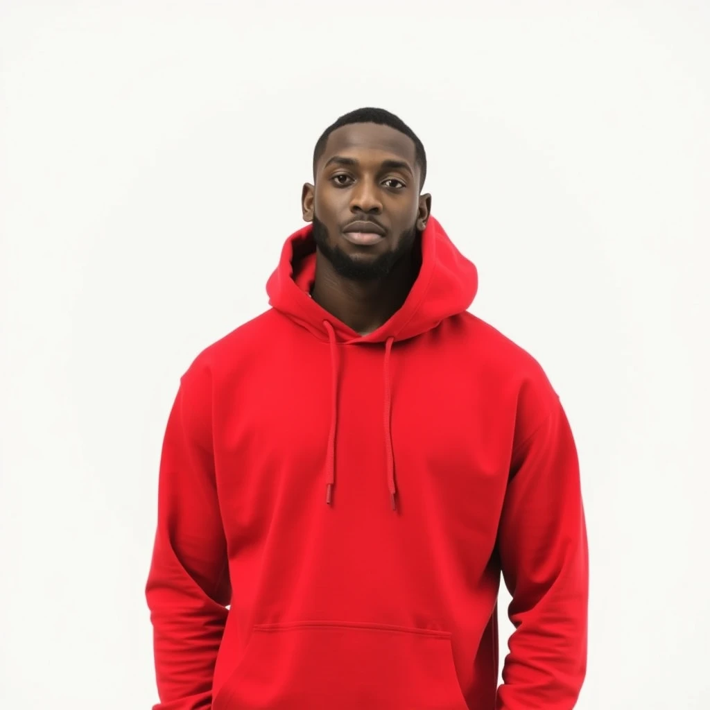 Marques Brownlee standing in a white background wearing a red hoodie. He is facing the camera and the photo is realistic.