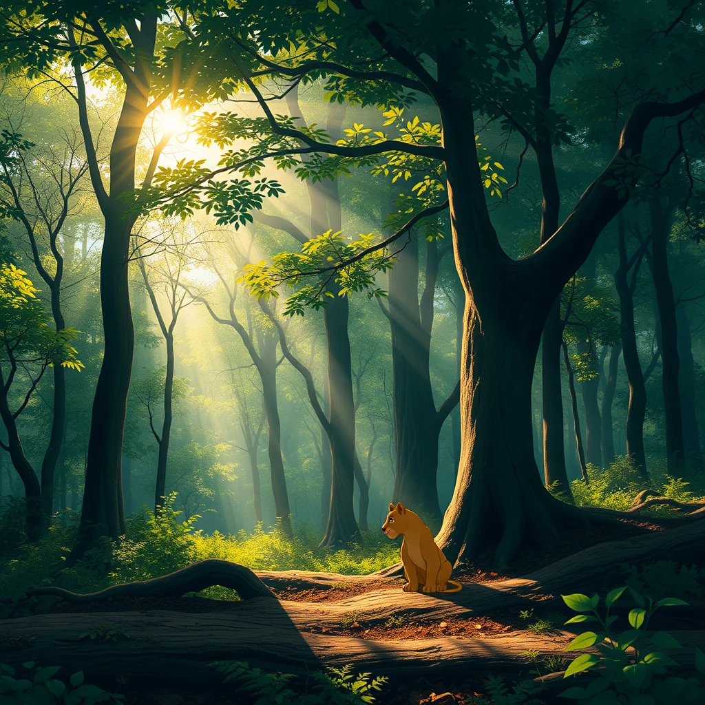 1. "A serene forest setting with sunlight filtering through the canopy, establishing the peaceful backdrop for our story featuring Leo the young lion." - Image