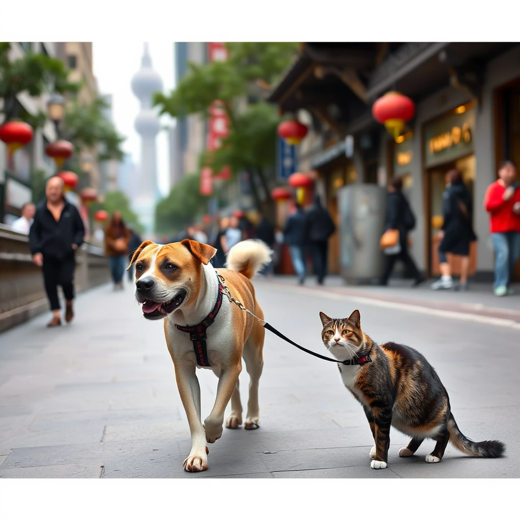 Image of a dog and a cat walking down The Bund in Shanghai.