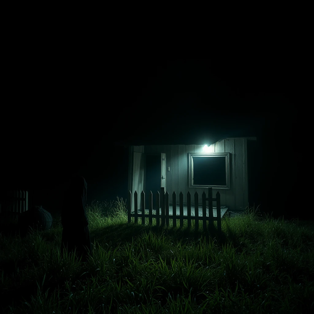 Mysterious figure lurking near an abandoned old barn without electricity, pitch dark ambience under the dark night, someone shines a powerful incandescent flashlight towards the old Javanese Traditional Gebyok house, dramatic shadows, suspenseful mood, cinematic style, neglected yard with tall grass and a white picket fence, 4k --ar 4:3