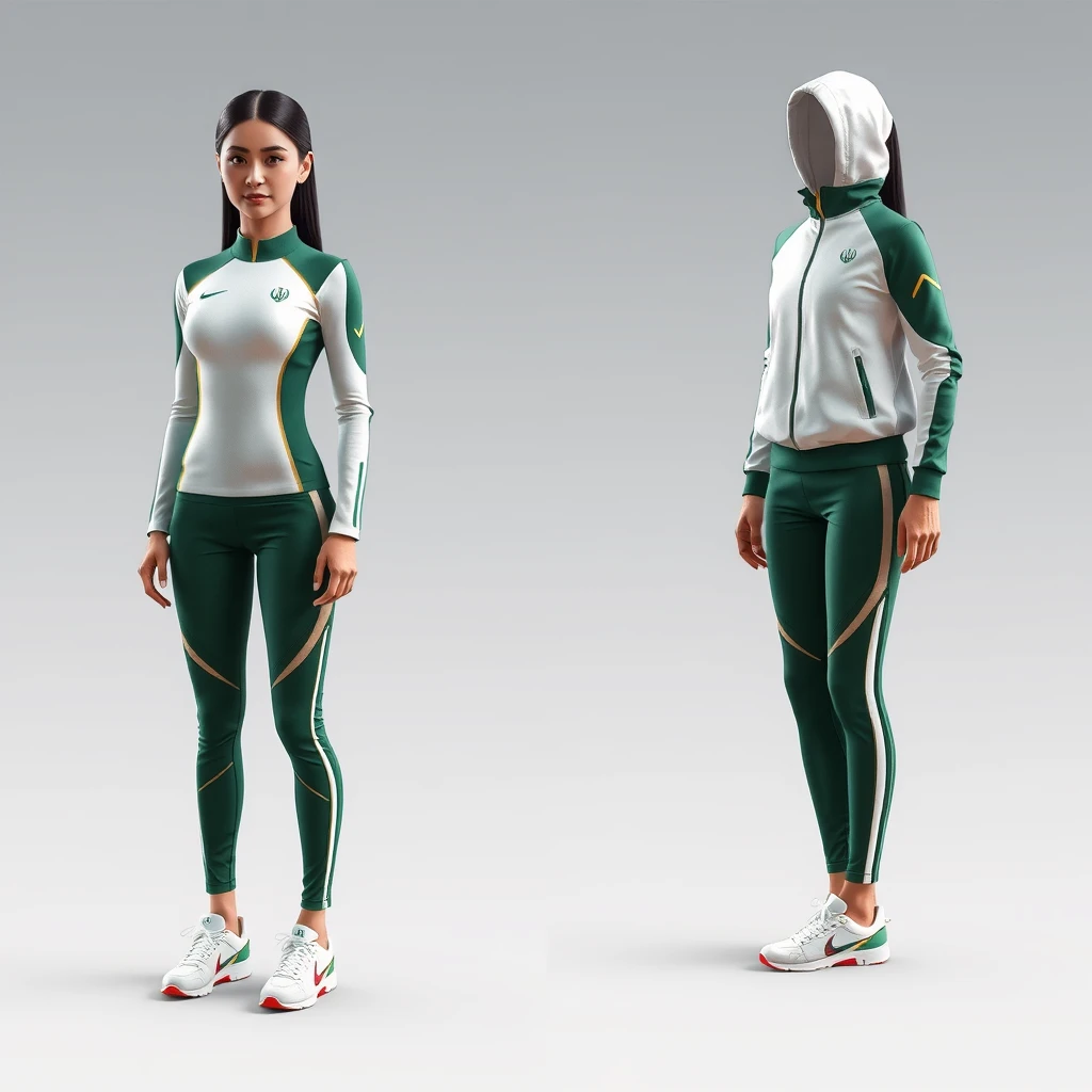 Design a uniform for the Iranian women’s national Olympic team, incorporating cultural values and modern athletic functionality. The uniform includes a long-sleeve fitted white top with deep green accents and gold piping, full-length deep green pants with white stripes and red accents, and white athletic shoes with deep green and gold accents. For ceremonies, add a lightweight white jacket with deep green sleeves and gold details. Ensure the design is modest, sleek, and professional, with breathable, stretchable fabrics for optimal performance. - Image