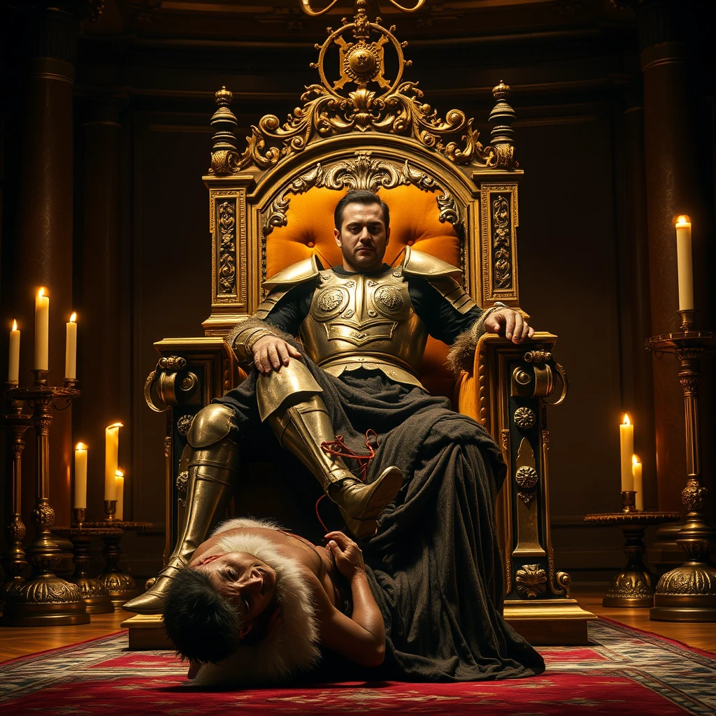 [Scene] A dramatically lit, professional photograph depicting a scene of stark contrast and power dynamics in a medieval European palace. The grand hall is opulent, yet shadows cling to the corners, hinting at the recent upheaval. A golden throne, resplendent with intricate carvings, dominates the center of the image, bathed in the warm glow of unseen torches.  
[Characters] A handsome, powerfully built usurper, clad in gleaming, battle-worn plate armor, sits sprawled arrogantly upon the throne, his muscular form a stark contrast to the richly embroidered velvet cushions. His expression is one of cold triumph, his gaze fixed on some distant point beyond the frame. At his feet, kneeling in a posture of abject submission, is the deposed king, a frail figure draped in a tattered, fur-trimmed robe, his face etched with despair as he presses his lips to the usurper's armored boot. - Image