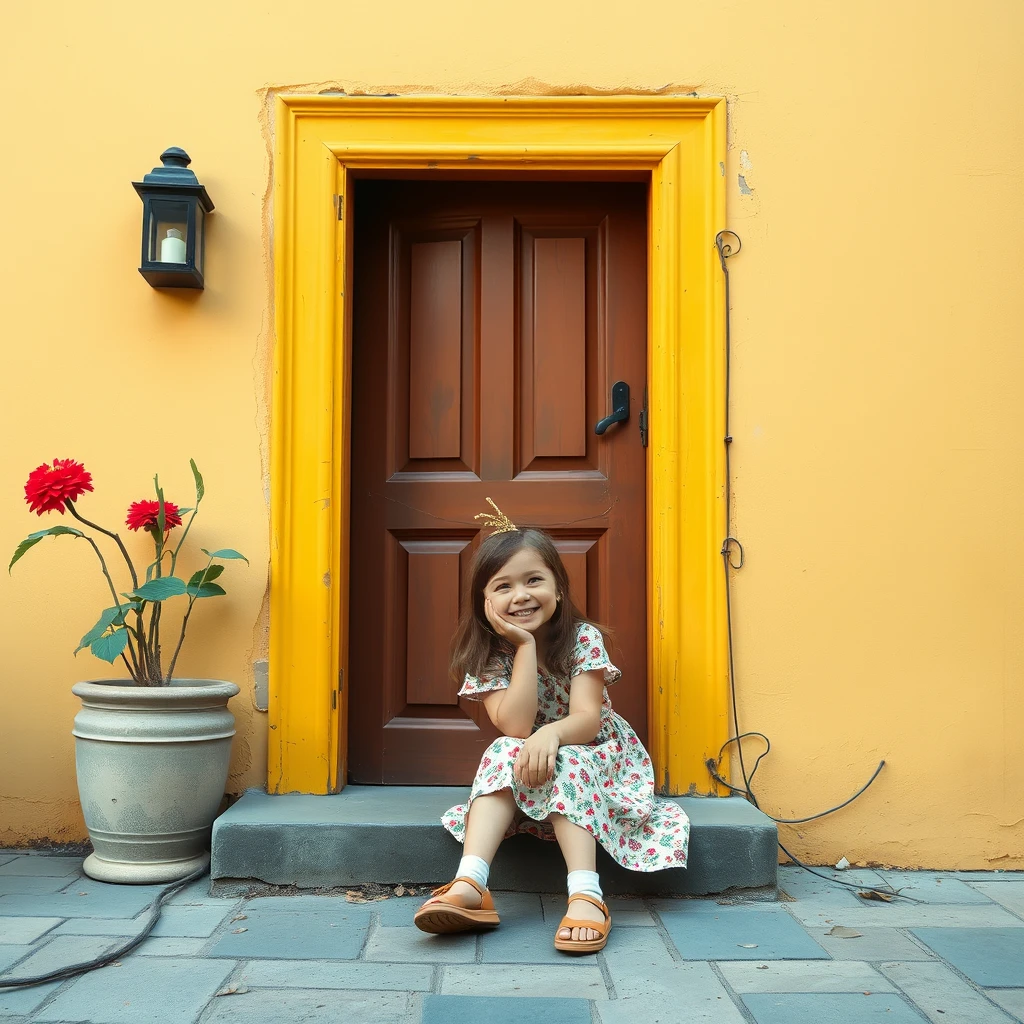 Setting: a CUTE GIRL SITS IN FRONT OF THE DOOR