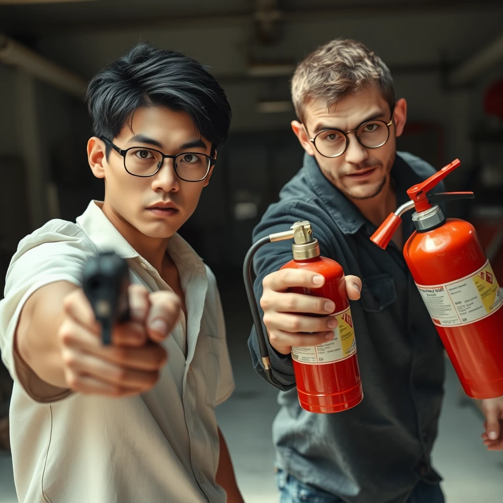 21-year-old pale Chinese man with square glasses, large hair, holding a pistol; 20-year-old white Italian man with round prescription glasses and short hair holding a very large fire extinguisher, in a garage setting, both angry, intent on killing.