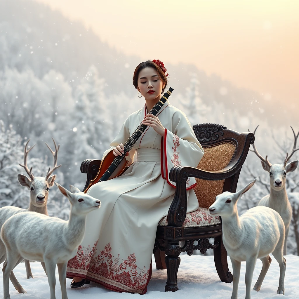 A gorgeous female oboe player in a white hanbok sits on an antique chair at a snow-covered mountain peak, playing the oboe with her eyes closed. Heavy snow is falling around her, with snow-laden trees lining the background. The white deer and hares are around the oboist to listen to the music. It's a serene winter afternoon. Hyperrealistic.