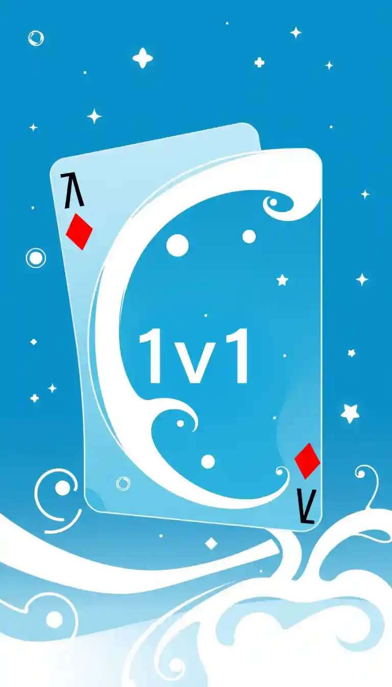 The image is a graphic design of a playing card with a blue aqua theme in the center. In the center, it's written "1v1". The card is portrait in shape and has a blue background with white swirls and stars scattered throughout. The overall design is modern and minimalistic.