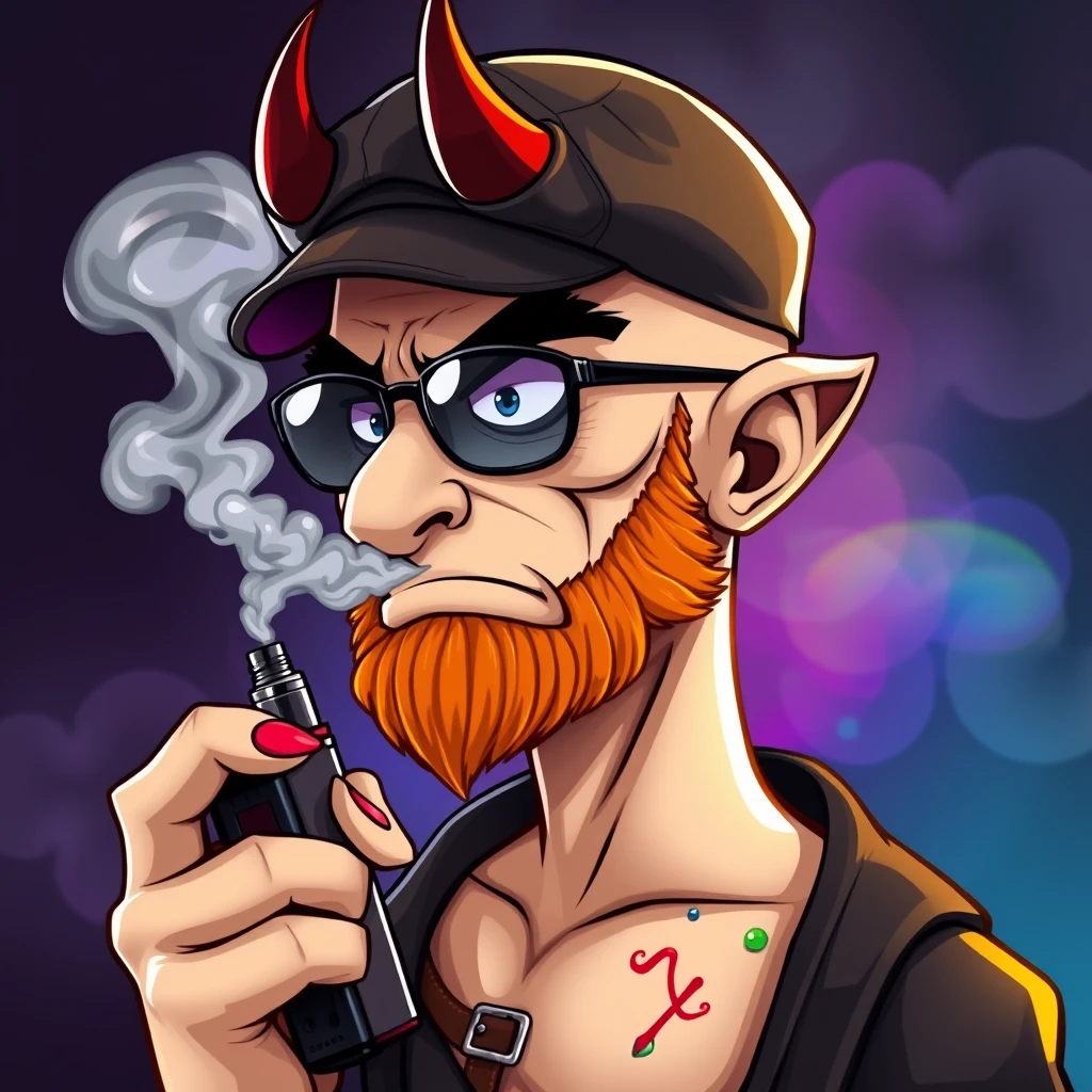 Three-quarter view of a sinister, bald cartoon human male with demonic lich features. Demonic horns, short fiery ginger beard contrasts with dark eyebrows. Wears a weathered flat cap and reflective aviator glasses. Clutches a sleek vape mod, exhaling dense, swirling vapor clouds. Vibrant, e-liquid drips off his pale skin, creating a colorful aura.