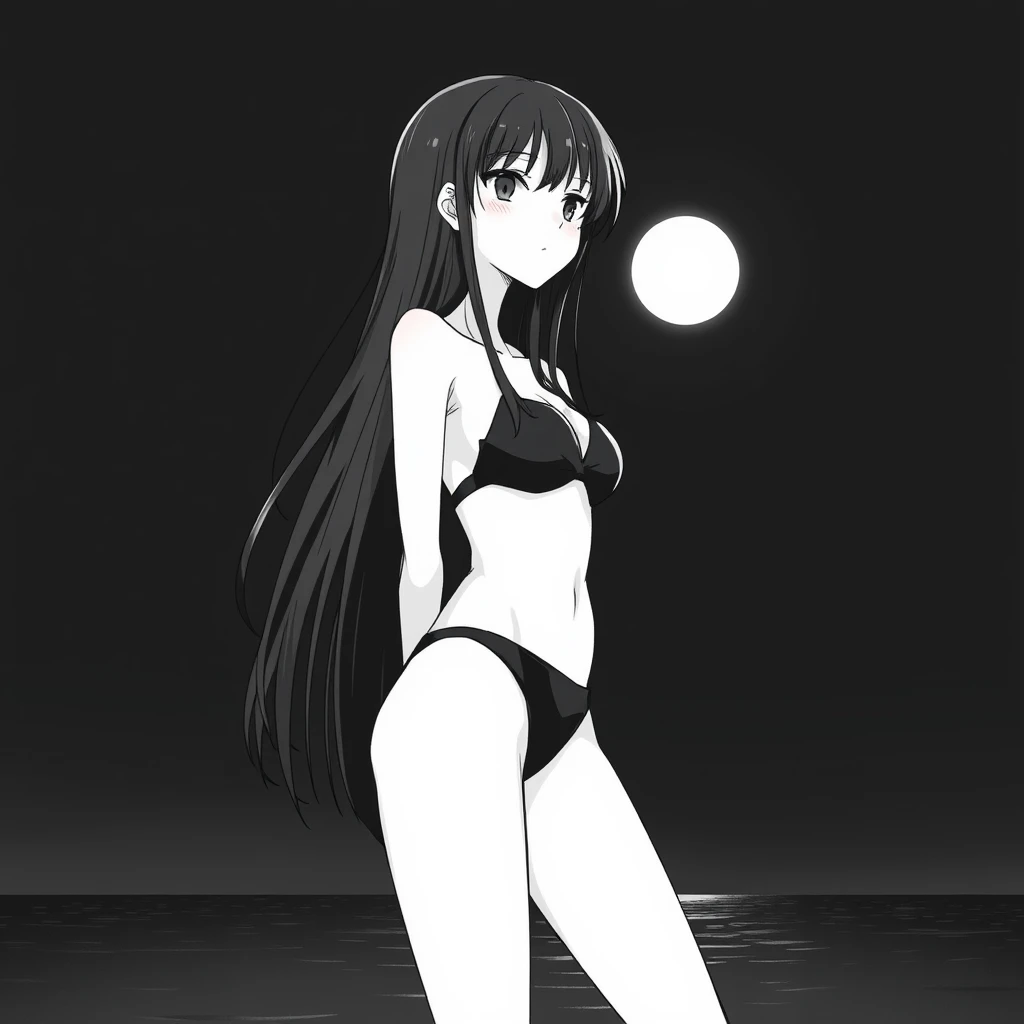 Girl with long, black hair in a black bikini. In the background, a black sky with a big, bright moon. Manga, grayscale. - Image