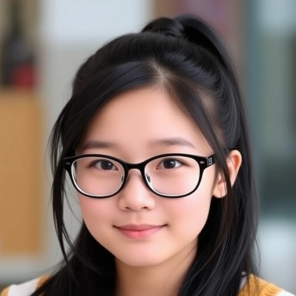 Asian girl, black hair, round face, thick-framed glasses, ponytail.