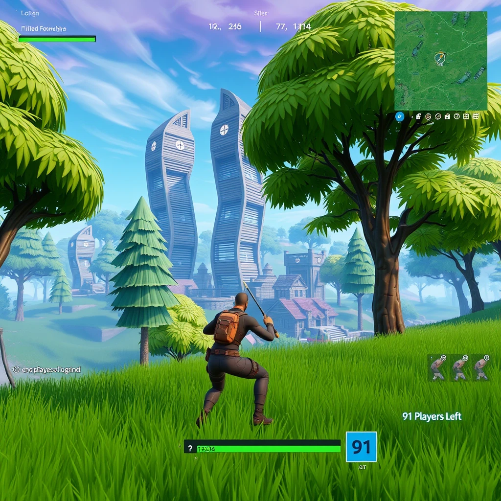 A square aspect ratio screenshot of Fortnite battle royale gameplay. In-game footage, trees, grass, buildings. Tilted Towers. 91 players left. - Image