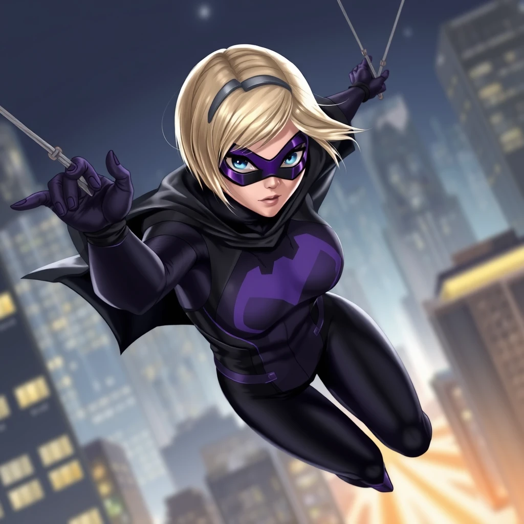 A blond female with a grey streak in her hair, dressed in black and very dark purple spandex and a short black cape. She is wearing a purple mask with a black outline, swinging through the city at night.