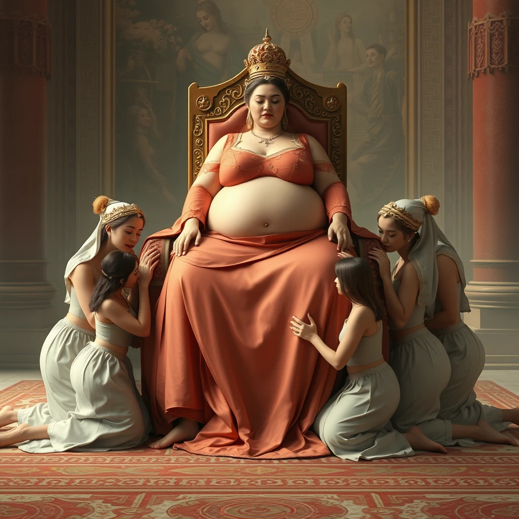 A group of palace maidens knelt and formed a human throne with their large breasts and bodies, while the plump empress sat on top to rest. - Image