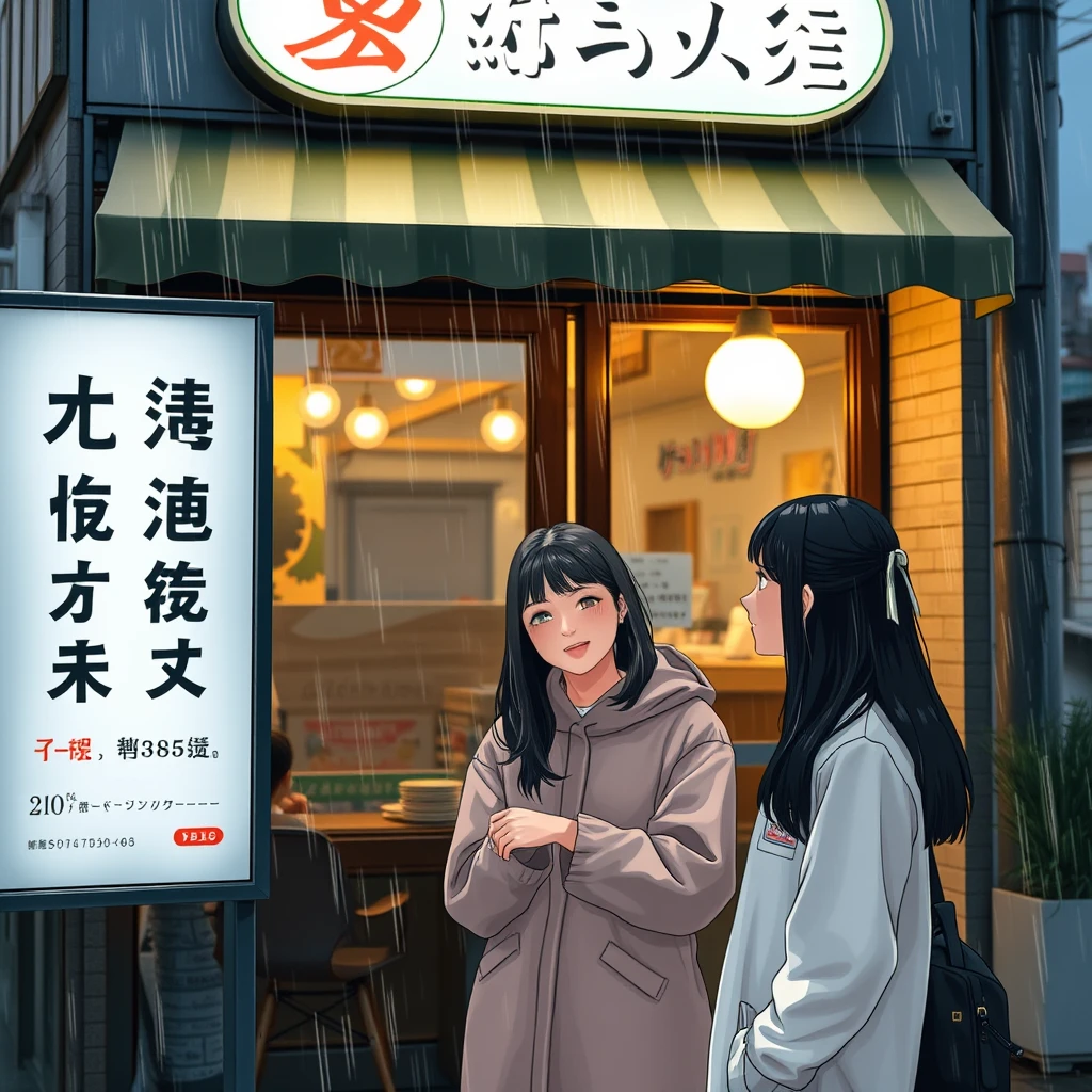 In the evening, two young women are chatting outside a restaurant while it is raining. There is a sign outside the restaurant, and the text on the sign is clearly visible, featuring Chinese characters or Japanese. - Image