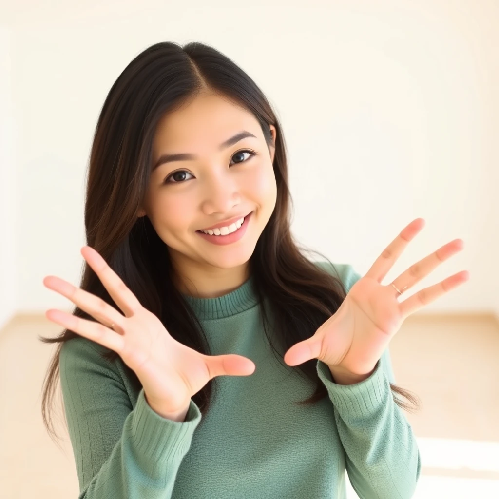 Asian woman holding hands out in an empty room with a white background.