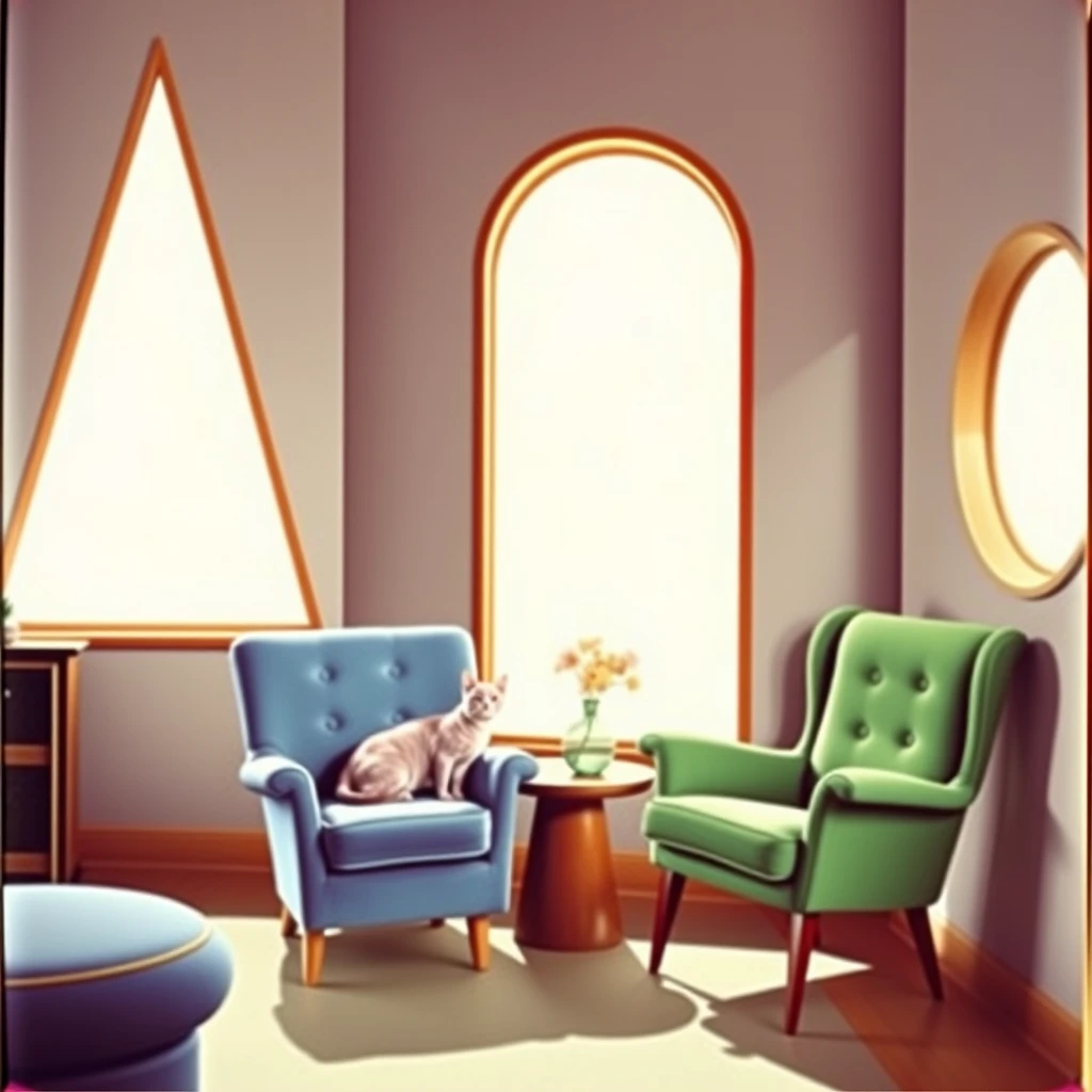 A living room in 1950, blue chair on the left and green chair on the right, triangle shaped window on the left and a circular window on the right, a pink cat is sitting on the blue chair.