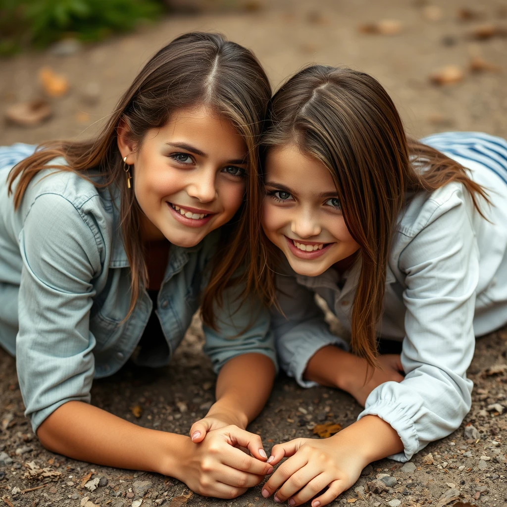 Two teen girls are crawling on the ground. - Image