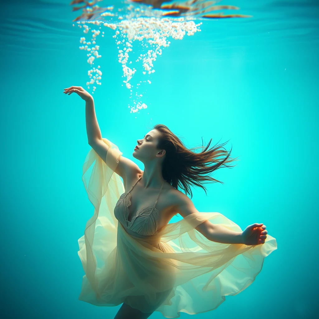 A symbolic photo: A young woman dancing underwater. Life and sensitivity. Perfection.