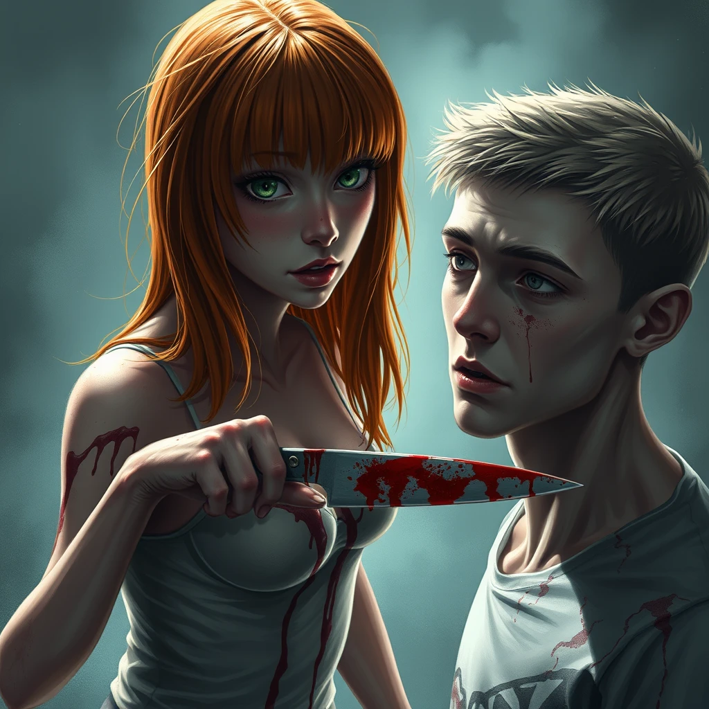 A horror scene; a short, skinny teenage girl with long ginger hair and bangs, green eyes, and large breasts is stabbing a tall, thin young white guy with pale skin and black eyes with a knife. Both of them are covered in blood.