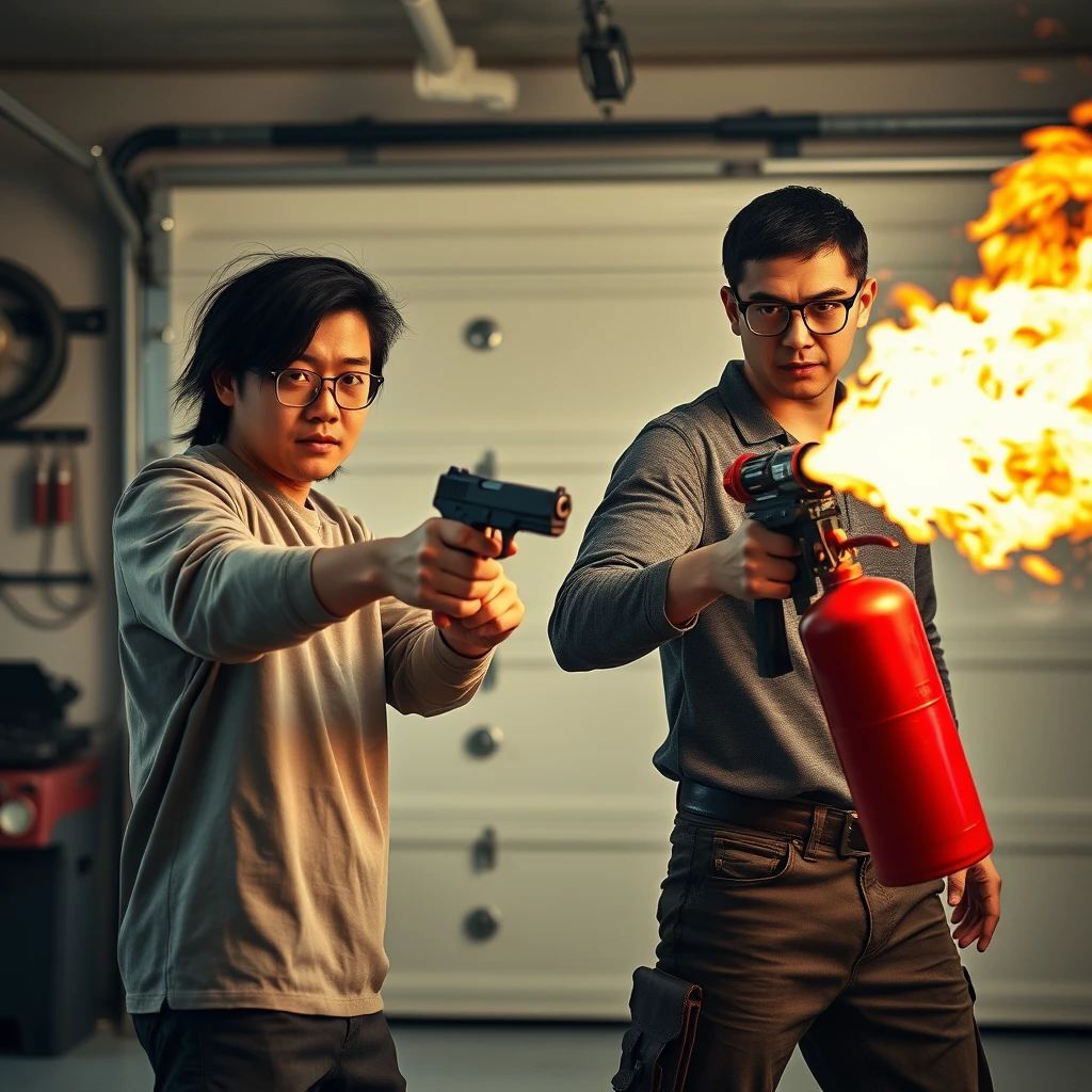 Two-person setting: "A 21-year-old thin man from northern China with square glasses and mid/long black mullet hair, holding a pistol," and "A 21-year-old white Italian man wearing round glasses and short hair, holding a very large fire extinguisher flamethrower," in a garage setting, both angry.