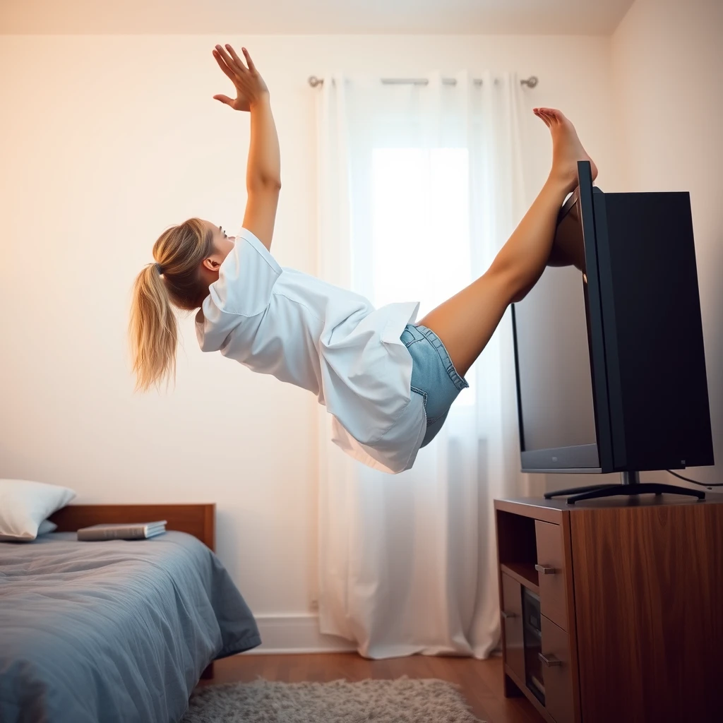 Side angle of a young blonde skinny woman in her twenties in her bedroom, wearing an oversized white t-shirt and light blue denim shorts, with no shoes or socks. She faces her TV and dives by plunging head first into it, with her arms raised over her head and both legs up in the air, making her look like she's diving or flying. The bottom part of her t-shirt flares outwards, almost revealing her chest due to the height of her arms, which go straight through the TV screen. - Image