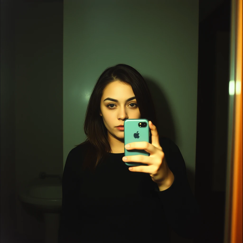 Phone photo: A woman stands in front of a mirror capturing a selfie. The image quality is grainy, with a slight blur softening the details. The lighting is dim, casting shadows that obscure her features. Her expression is casual, full of concentration, while the old iPhone struggles to focus, giving the photo an authentic, unpolished feel. The mirror shows smudges and fingerprints, adding to the raw, everyday atmosphere of the scene. - Image