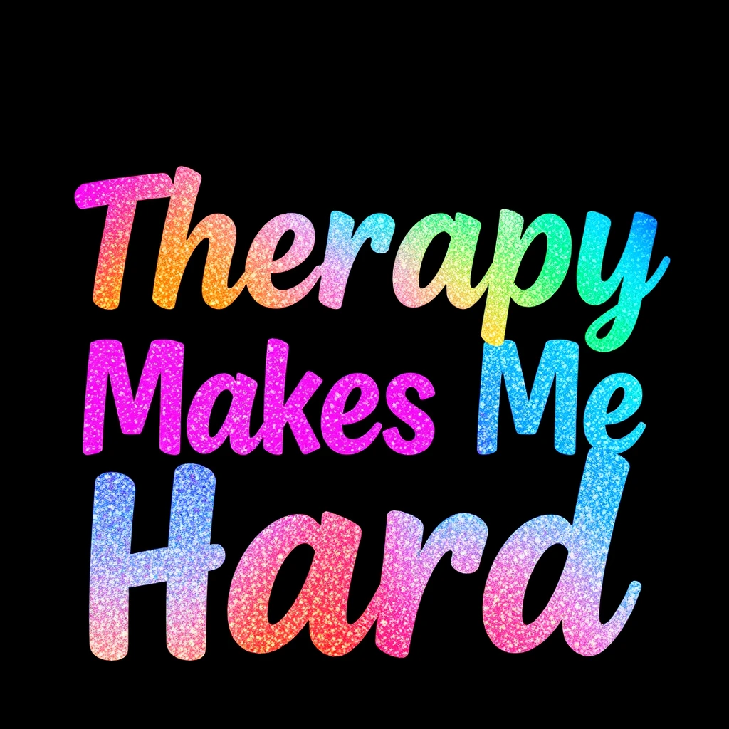 T-shirt design of fantastic vibrant glittery with an iridescent effect but ethereal text that says "Therapy Makes Me Hard" with each word a different vibrant color. - Image