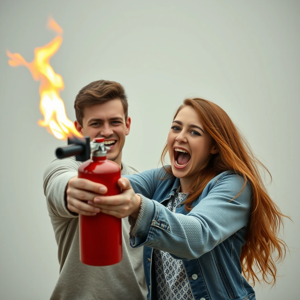 20-year-old smiling white Italian man killing 'green-eyed redhead girl' with fire extinguisher flamethrower, screaming.