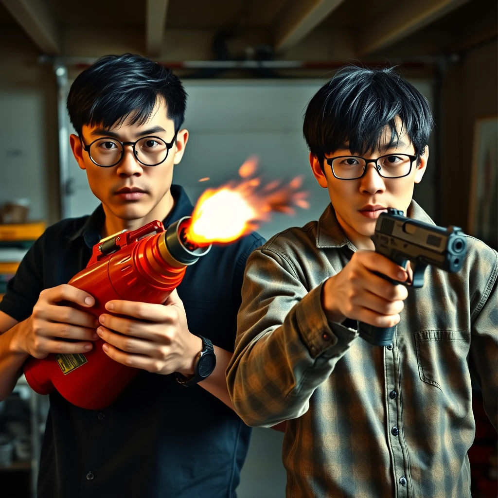 21-year-old very fair-skinned Italian man, wearing round glasses, with short black hair, holding a very large fire extinguisher flamethrower. And a 21-year-old northern Chinese man, with a thin long face, wearing square glasses, with mid/long fringe black hair, holding a Glock. Both angry; murderous intent, in a garage setting. - Image