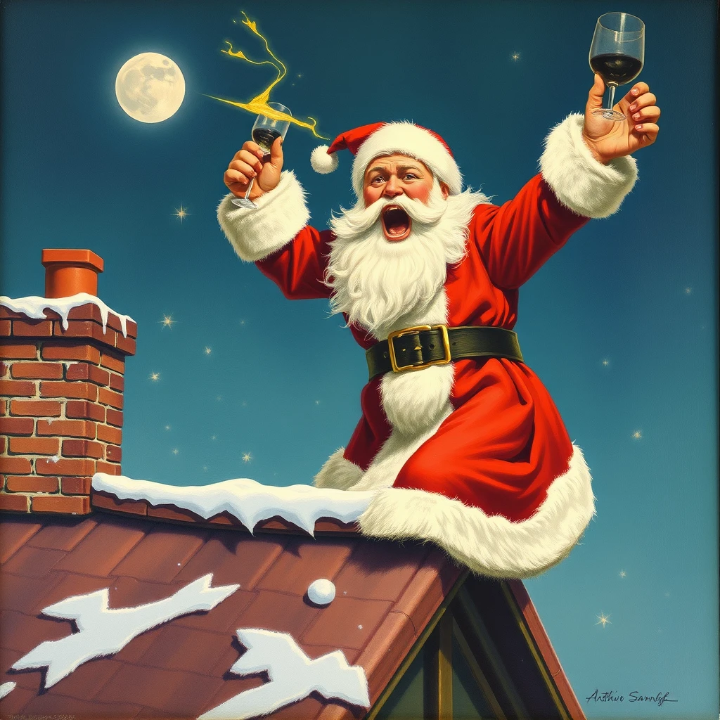 Santa is drunk and yelling from high on a roof, a painting by Arthur Sarnoff 1952.