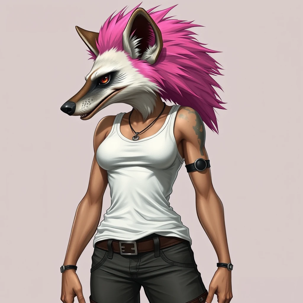 an anthro female hyena, pink fluffy hair, punk, white tank top, clothing, heavy chest, tall, wide hips - Image