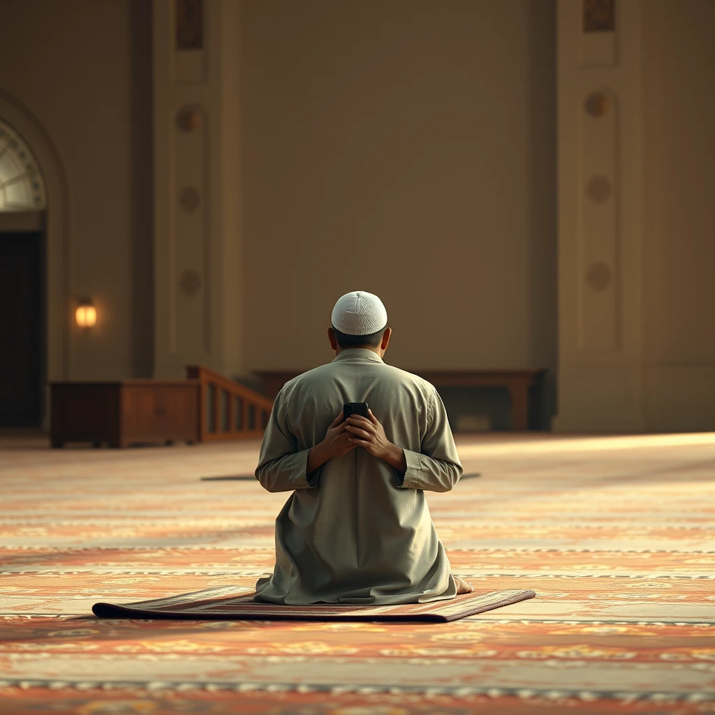 Create a full HD image of a Muslim in the act of praying to Allah. The scene should capture a person in a traditional prayer position (Sujood) on a prayer mat, wearing traditional Islamic attire such as a prayer garment or modest clothing. The setting should be serene and respectful, with a focus on the individual's devotion and concentration. The background can include elements such as a softly lit prayer space or a mosque interior. Use realistic details, warm and soft lighting, and muted colors to create a peaceful and contemplative atmosphere. - Image