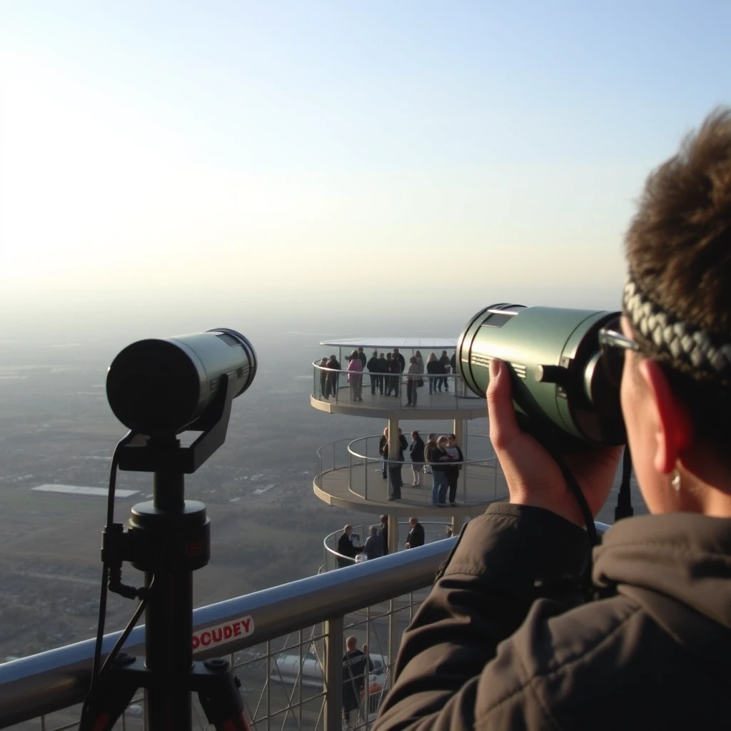 View from a high observation deck, through binoculars, of people on another distant observation deck. - Image