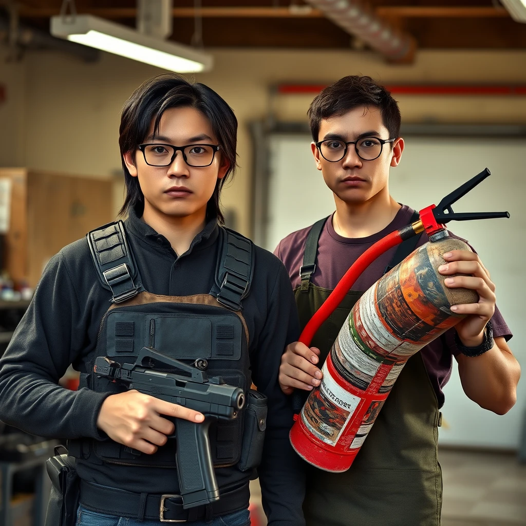 A 21-year-old thin, long-faced adult northern Chinese man with a square chin, wearing square glasses and holding a pistol, has medium to long-length hair and is dressed in a tactical chest rig. A 21-year-old Caucasian Italian man is wearing round glasses and has short hair while holding a very large fire extinguisher that resembles a flamethrower, along with a welding apron. They are in a garage setting, and both appear angry.